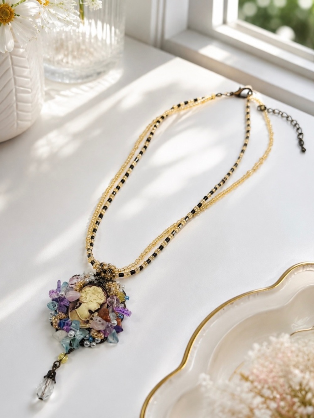 Vintage Style Beaded Cameo Statement Necklace Gemstone & Pearl Pendant